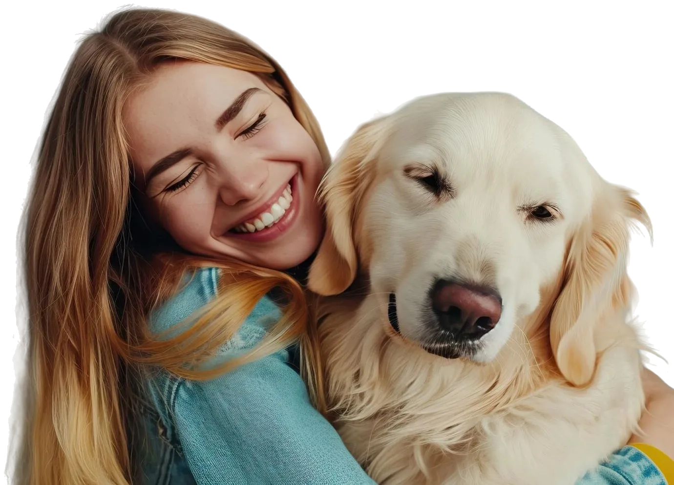 Smiling woman hugging a golden retriever